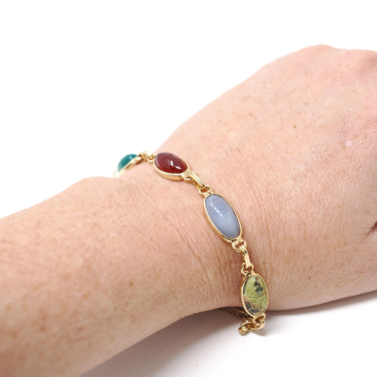 Vintage Scarab Bracelet - Modernist 14k Yellow Gold Oval Carved Natural Gemstones - Circa 1960s Era Egyptian Revival Style Fine 60s Jewelry