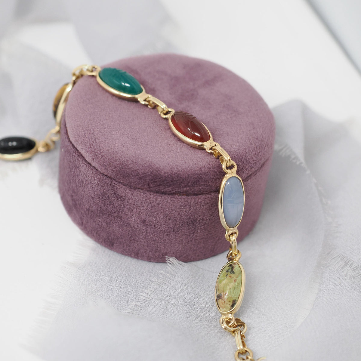 Vintage Scarab Bracelet - Modernist 14k Yellow Gold Oval Carved Natural Gemstones - Circa 1960s Era Egyptian Revival Style Fine 60s Jewelry