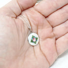 Flower Charm Necklace - Mid Century Sterling Silver White Pink Flower Guilloché Enamel Pendant Charm - Circa 1950s Era Rose Leaves Jewelry