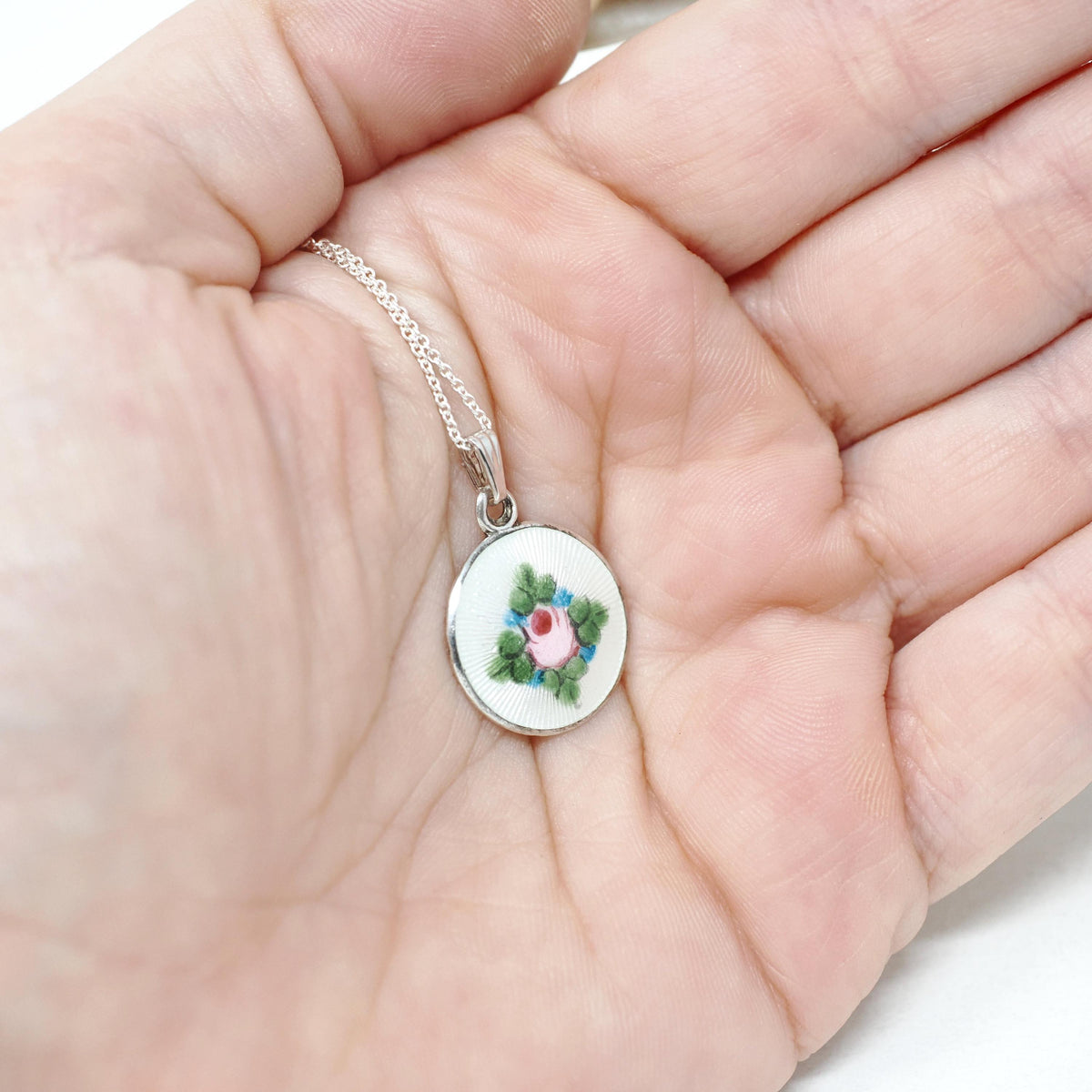 Flower Charm Necklace - Mid Century Sterling Silver White Pink Flower Guilloché Enamel Pendant Charm - Circa 1950s Era Rose Leaves Jewelry