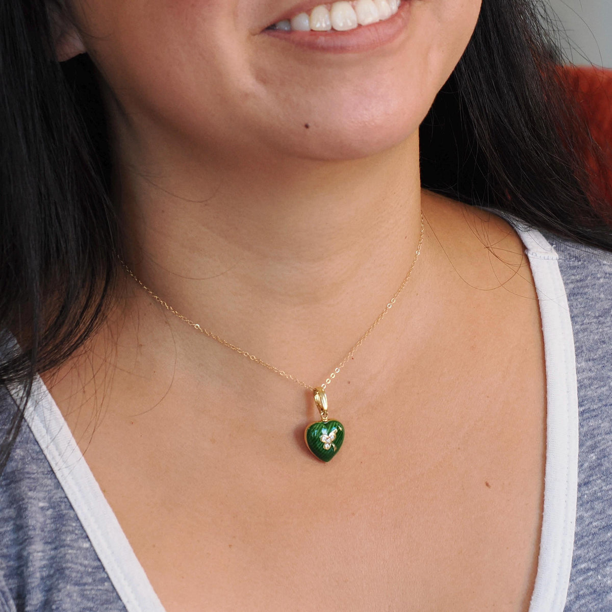 Vintage Fabergé Heart Charm - Contemporary 18k Yellow Gold Green Enamel Natural Diamond Pendant Necklace - Circa 1990s Clover Fine Jewelry