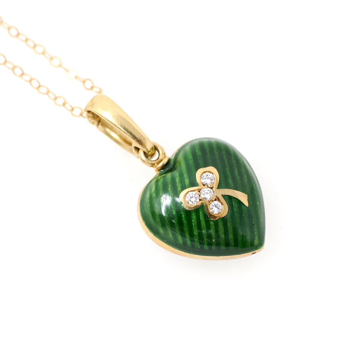 Vintage Fabergé Heart Charm - Contemporary 18k Yellow Gold Green Enamel Natural Diamond Pendant Necklace - Circa 1990s Clover Fine Jewelry
