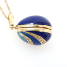 Vintage Fabergé Egg Locket - Contemporary 18k Yellow Gold Blue Enamel Natural Diamond Charm Necklace - Circa 1990s Duck Animal Fine Jewelry