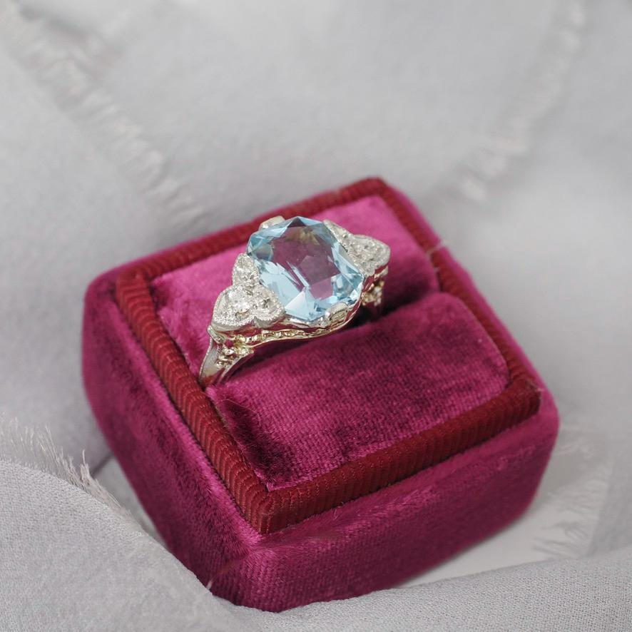 Antique Aquamarine Ring - Art Deco 14k Yellow Gold Platinum Light Blue Gemstone & Diamond Accents - Circa 1920s Era Size 4 3/4 Fine Jewelry