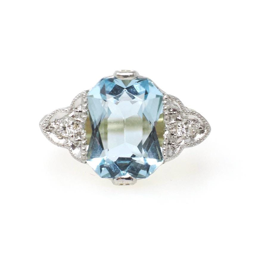 Antique Aquamarine Ring - Art Deco 14k Yellow Gold Platinum Light Blue Gemstone & Diamond Accents - Circa 1920s Era Size 4 3/4 Fine Jewelry