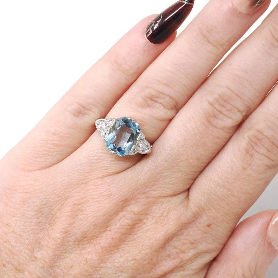 Antique Aquamarine Ring - Art Deco 14k Yellow Gold Platinum Light Blue Gemstone & Diamond Accents - Circa 1920s Era Size 4 3/4 Fine Jewelry