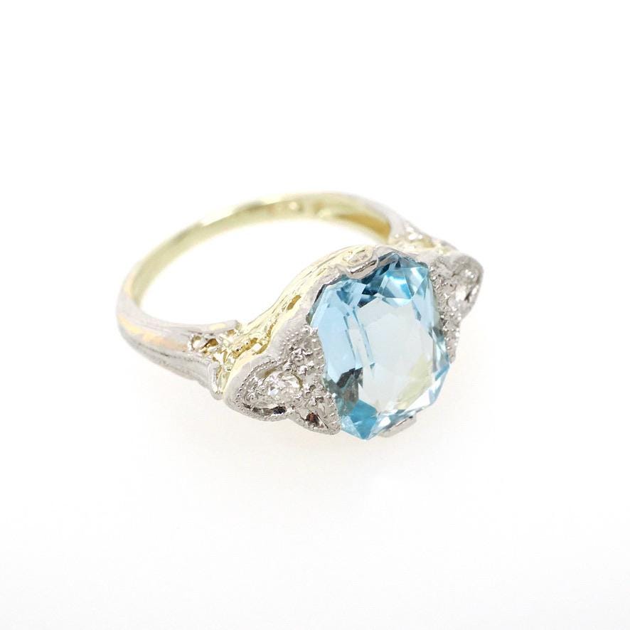 Antique Aquamarine Ring - Art Deco 14k Yellow Gold Platinum Light Blue Gemstone & Diamond Accents - Circa 1920s Era Size 4 3/4 Fine Jewelry