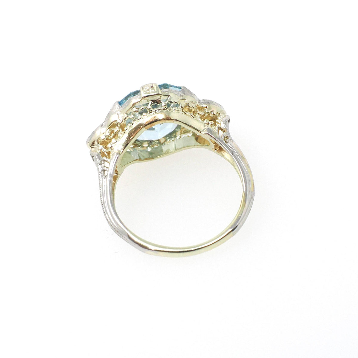 Antique Aquamarine Ring - Art Deco 14k Yellow Gold Platinum Light Blue Gemstone & Diamond Accents - Circa 1920s Era Size 4 3/4 Fine Jewelry