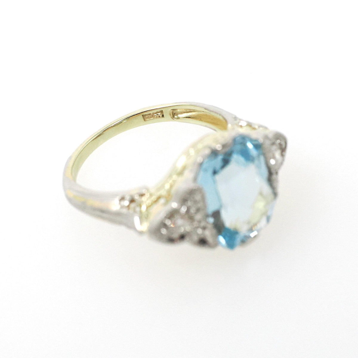 Antique Aquamarine Ring - Art Deco 14k Yellow Gold Platinum Light Blue Gemstone & Diamond Accents - Circa 1920s Era Size 4 3/4 Fine Jewelry
