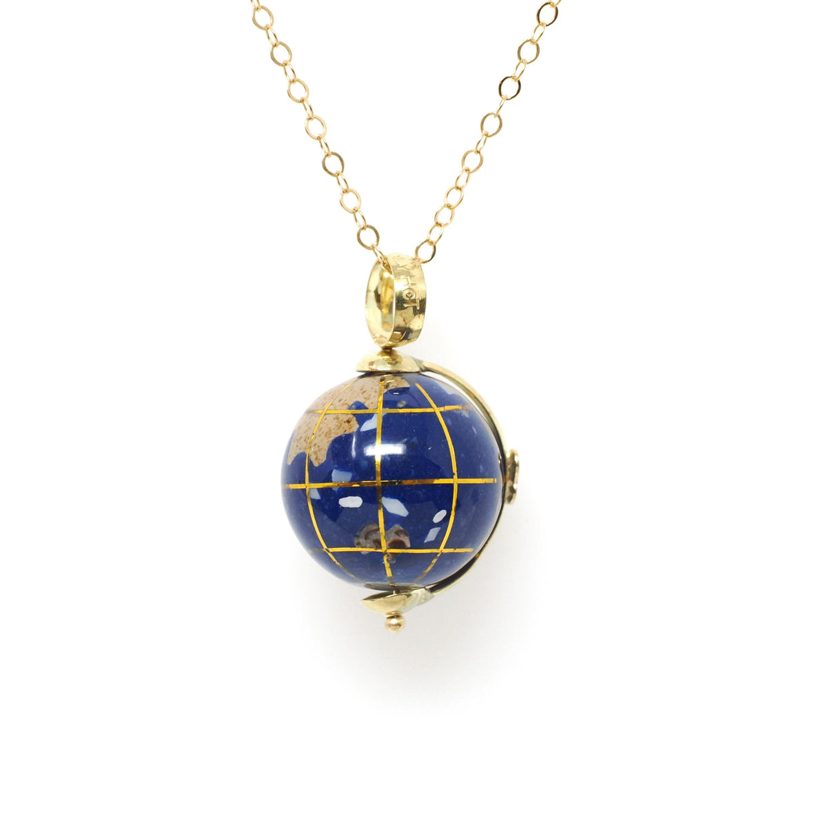 Fine Globe Charm - Contemporary 18k Yellow Gold Natural Lapis Gemstone Inlay Spinner Pendant - Circa 1990s Souvenir Earth Travel Jewelry