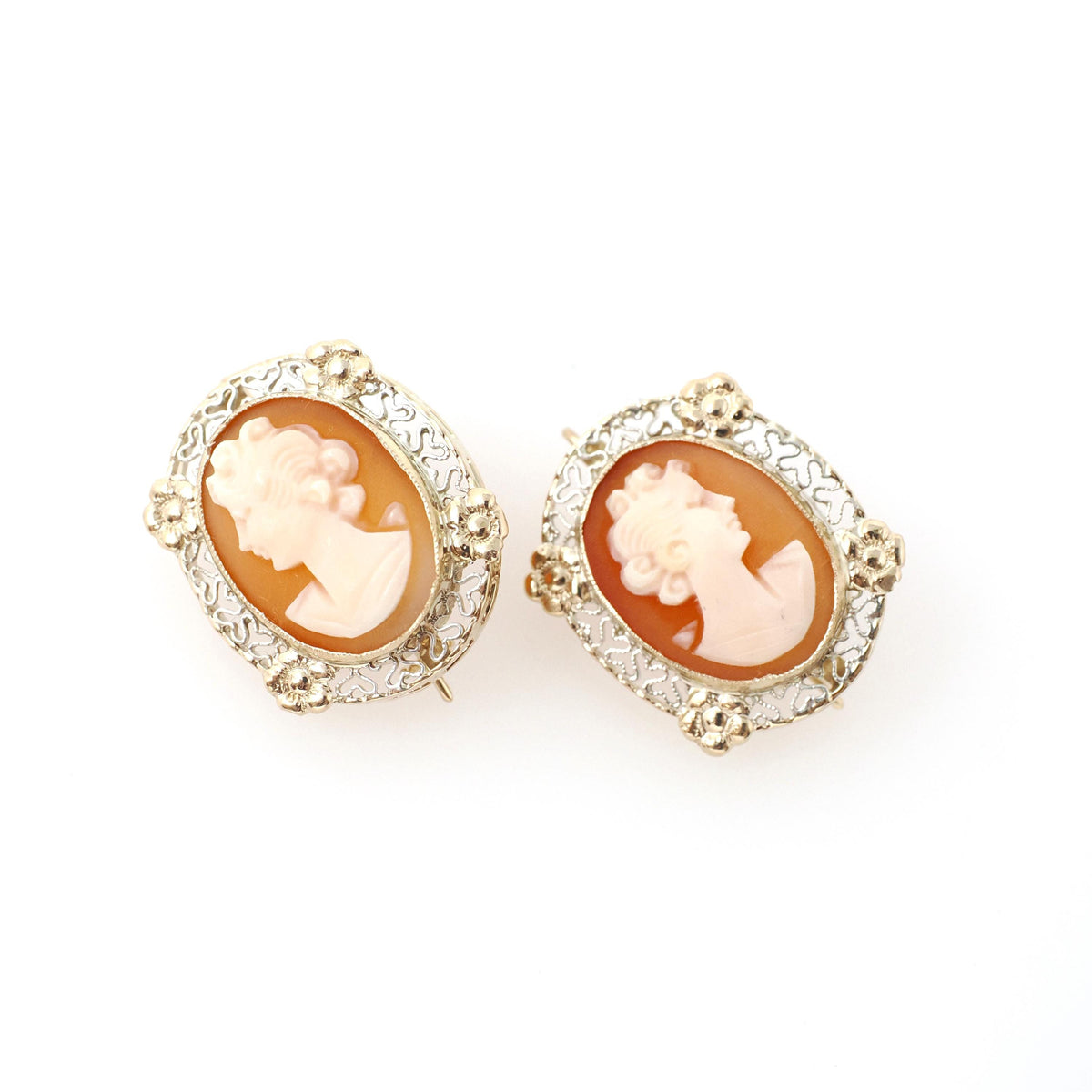 Vintage Cameo Earrings - Mid Century 14k Yellow Gold & Silver Bezel Set Pierced Wire Hooks - Circa 1960s Carved Shell Fine Filigree Jewelry
