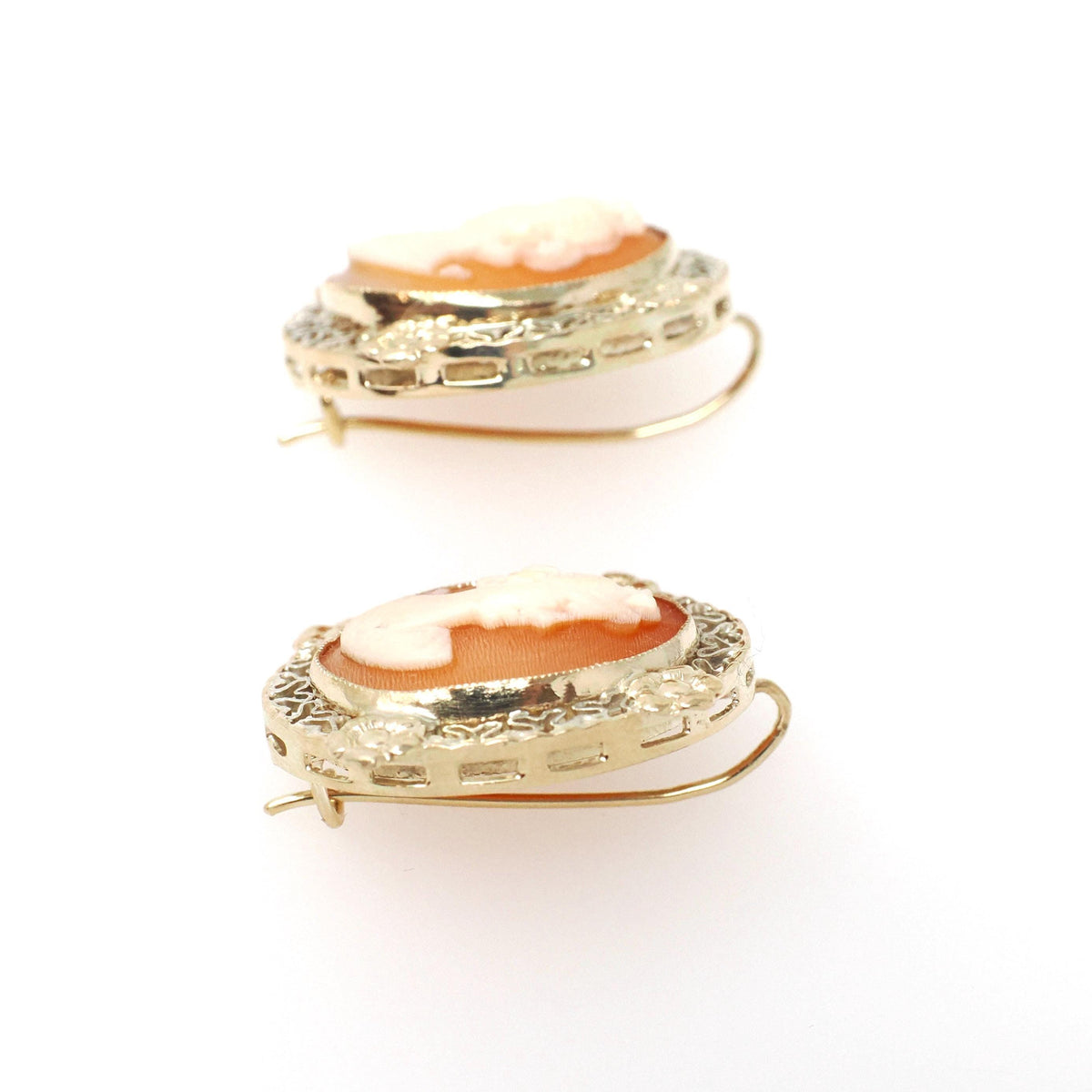 Vintage Cameo Earrings - Mid Century 14k Yellow Gold & Silver Bezel Set Pierced Wire Hooks - Circa 1960s Carved Shell Fine Filigree Jewelry