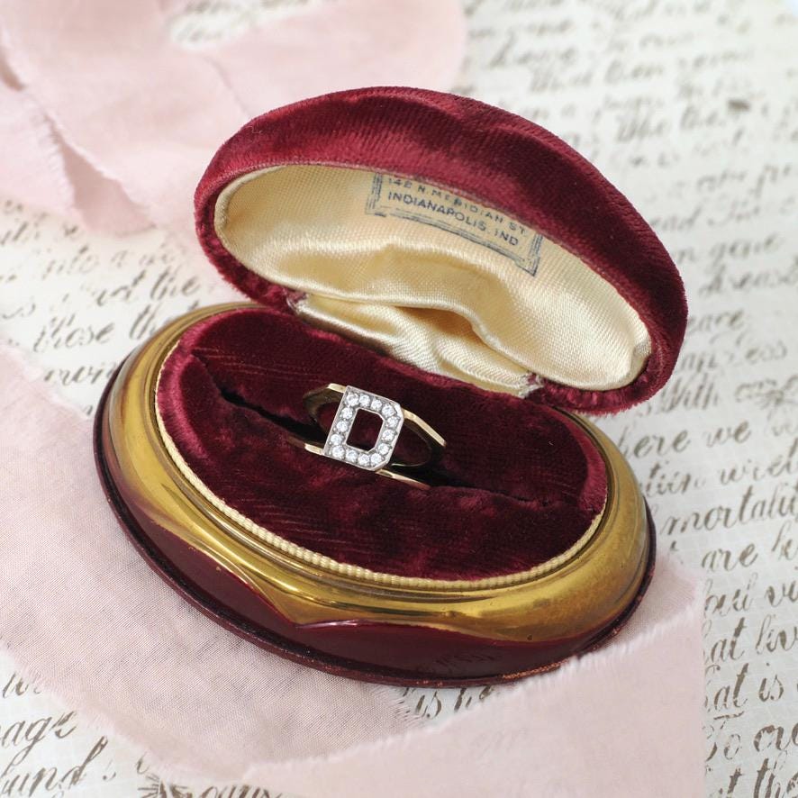 Letter "D" Ring - Contemporary 14k Yellow & White Gold Initial Monogram .14 CTW Diamonds - Circa 1990s Era Size 3 3/4 Statement Fine Jewelry