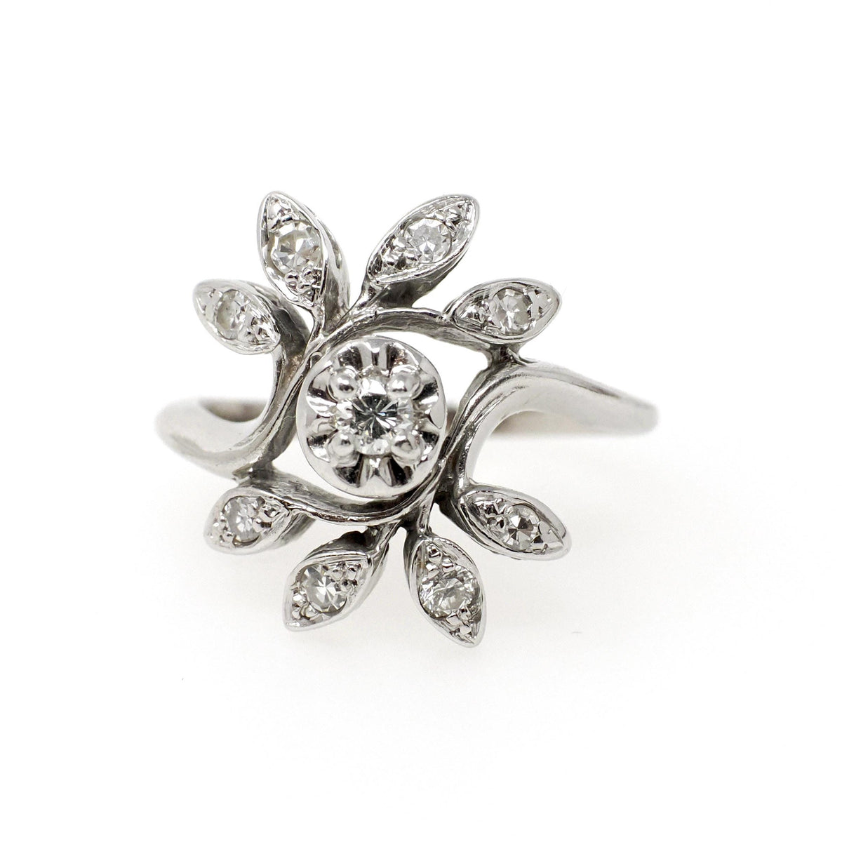 Diamond Bypass Ring - Mid Century Era 14k White Gold .22 CTW Floral Spray - Vintage 1950s Size 4 1/2 Leaf Cluster Fine Sweetheart Jewelry