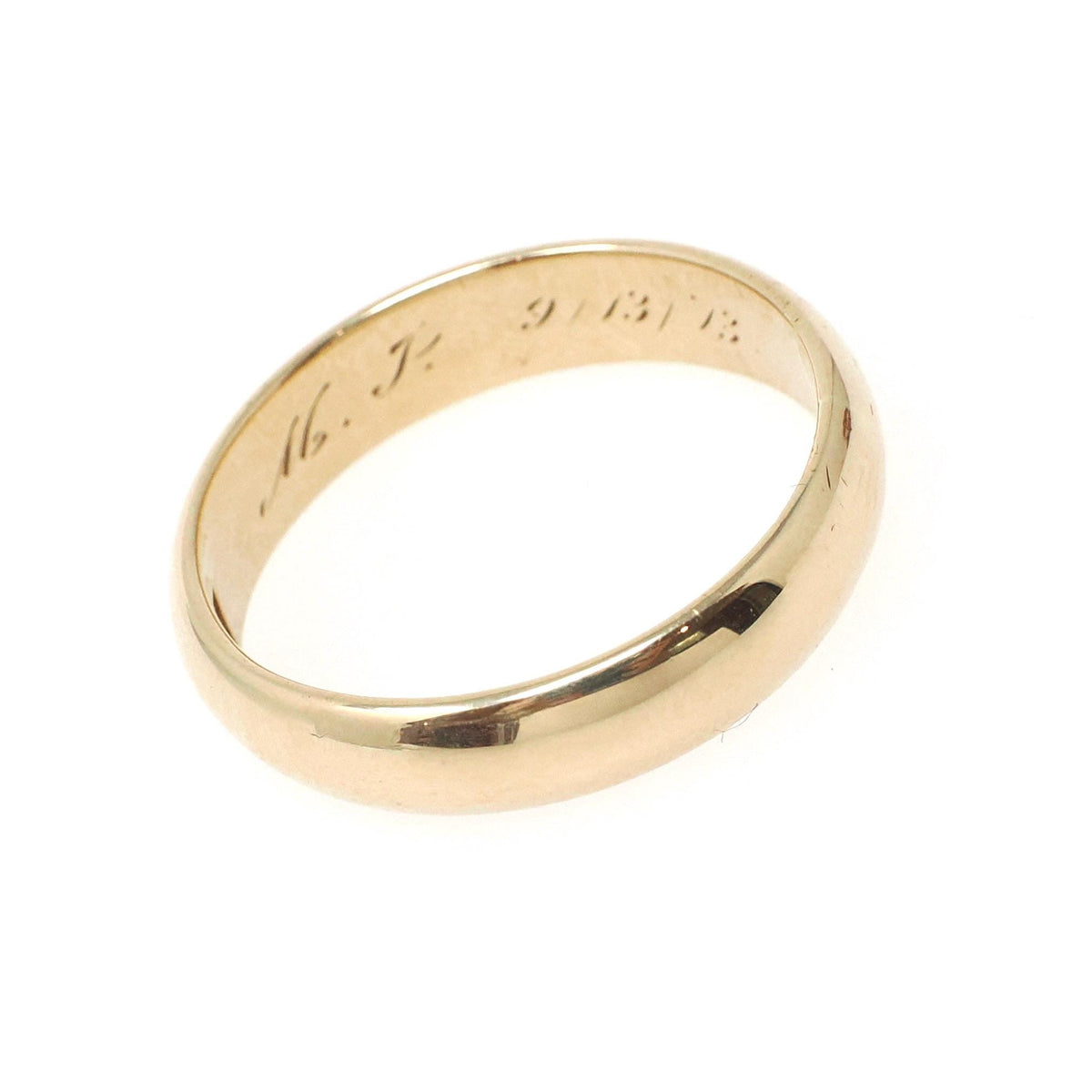 Edwardian Wedding Band - Antique 14k Yellow Gold 4.7MM Half Round Ring - Dated 1913 Size 9 1/2 Inscribed MJ R+J Bridal Fine Stacking Jewelry