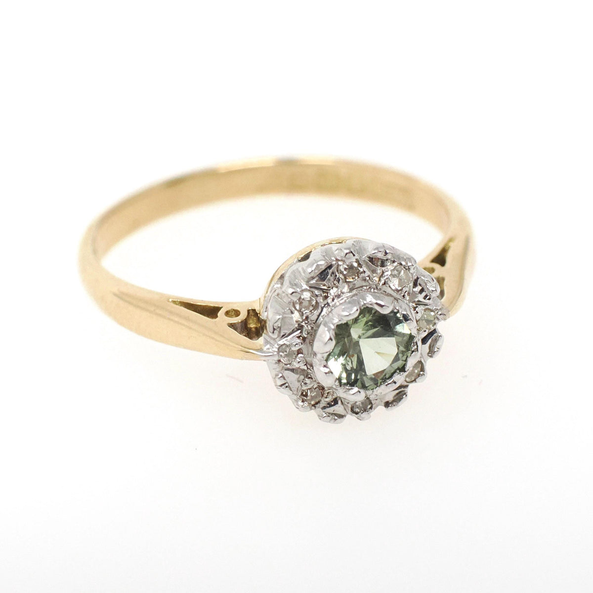 Antique Flower Ring - Edwardian 18k Yellow & White Gold Green Sapphire Gemstone .04 CTW Diamonds - Circa 1910s Size 5 3/4 Halo Fine Jewelry