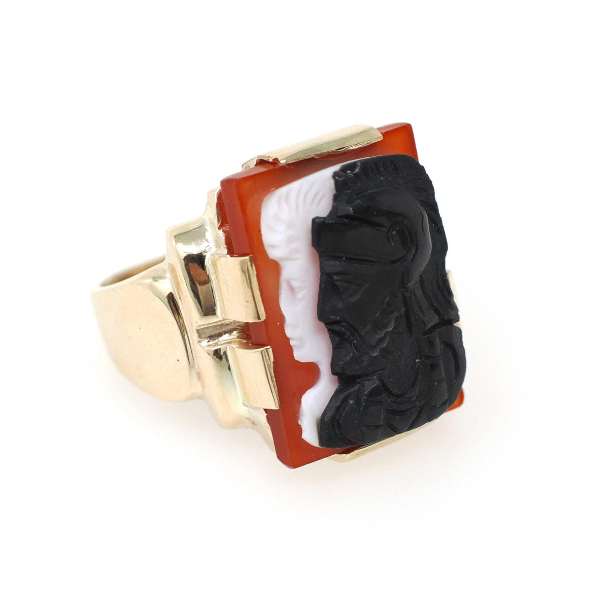 Art Deco Ring - Vintage 10k Yellow Gold Double Cameo Black White Natural Sardonyx - Circa 1930s Size 7 Helen & Paris Of Troy Fine Jewelry