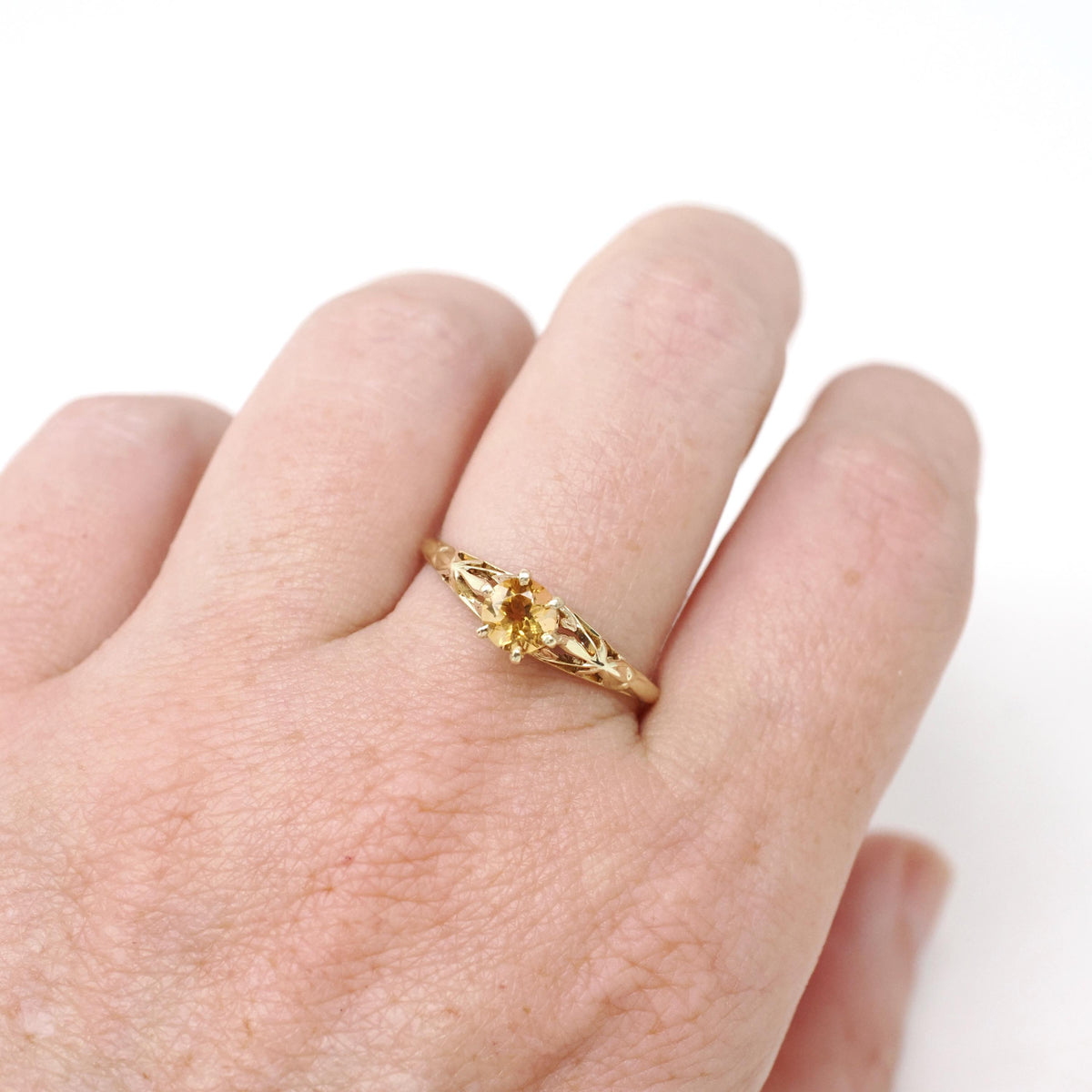 Edwardian Citrine Ring - Antique 14k Yellow Gold Gemstone Filigree Solitaire - Circa 1910s Era Size 7 1/2 November Birthstone Fine Jewelry