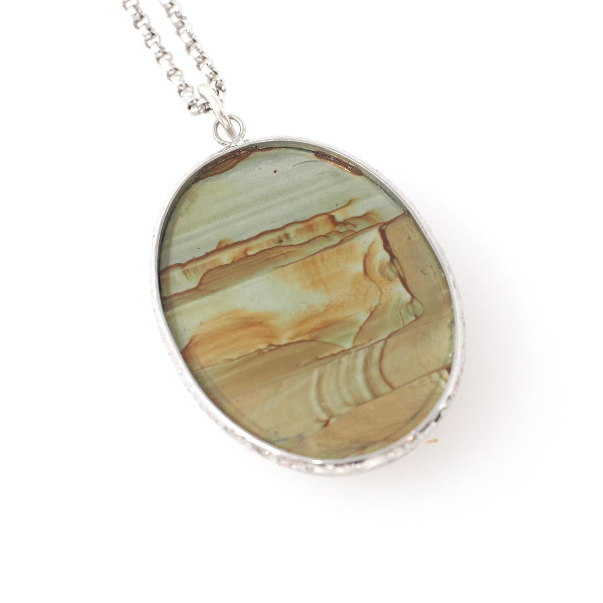 Picture Jasper Pendant Necklace - Retro Era Handmade Sterling Silver Natural Green Brown Gemstone Cab - Circa 1950s Unisex Fashion Jewelry