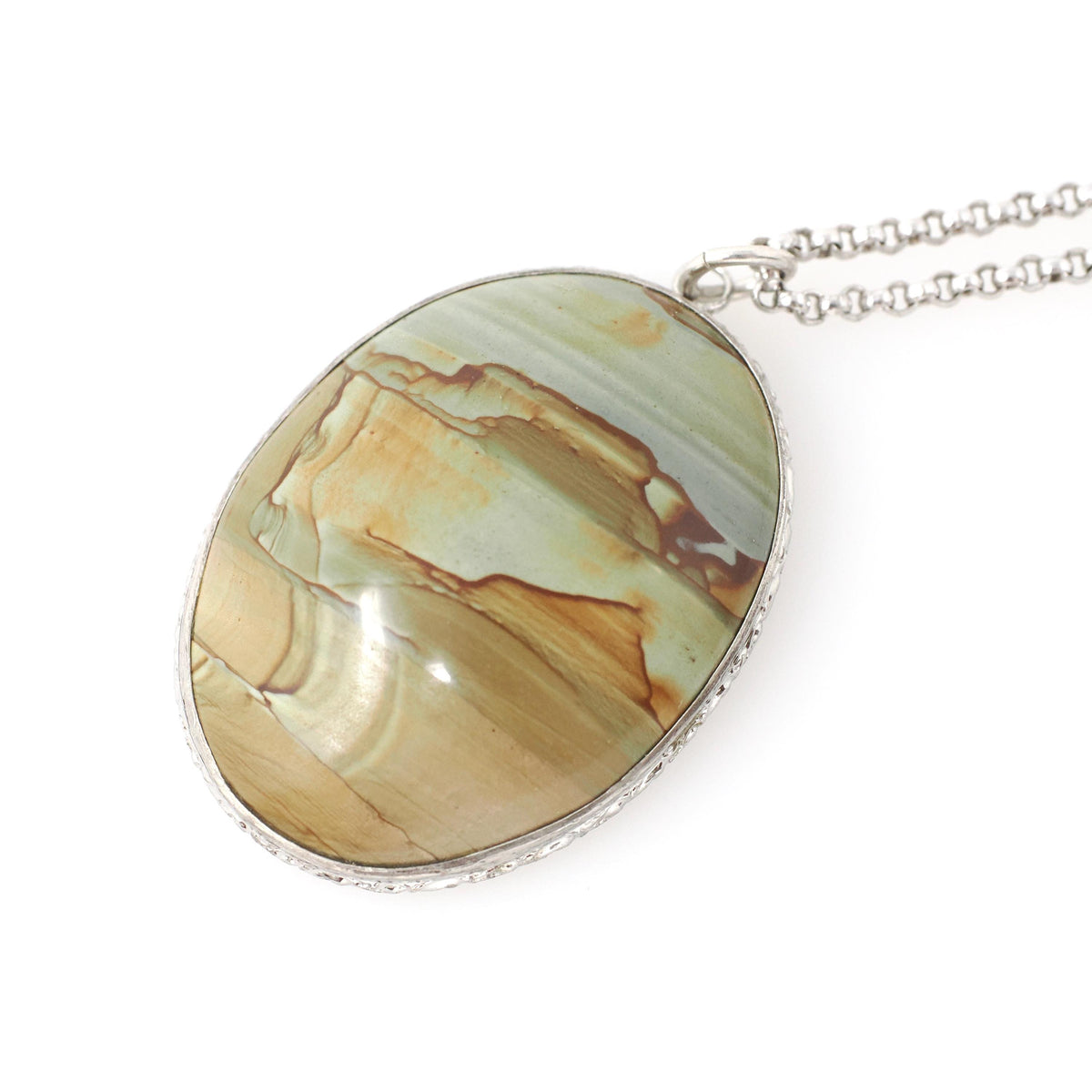 Picture Jasper Pendant Necklace - Retro Era Handmade Sterling Silver Natural Green Brown Gemstone Cab - Circa 1950s Unisex Fashion Jewelry