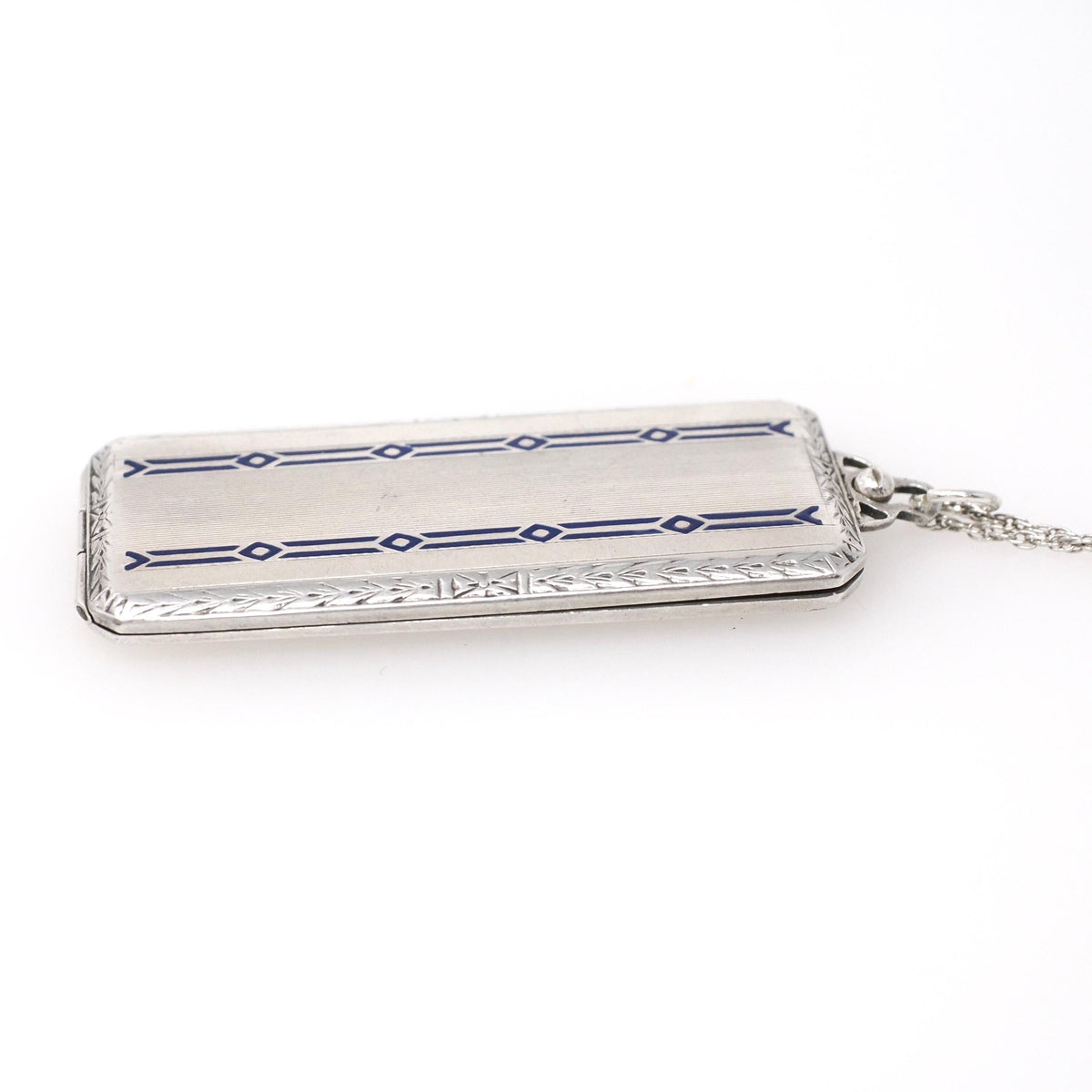 Calling Card Case Pendant - Art Deco Sterling Silver Royal Blue Guilloché Enamel Compact Locket - Circa 1930s Era Engraved Utility Jewelry