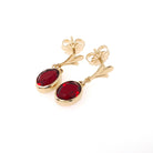 Simulated Ruby Earrings - Modernist 14k Yellow Gold Oval Red Glass Pierced Stud Dangle Drop - Circa Late 1960s July Birthstone Fine Jewelry