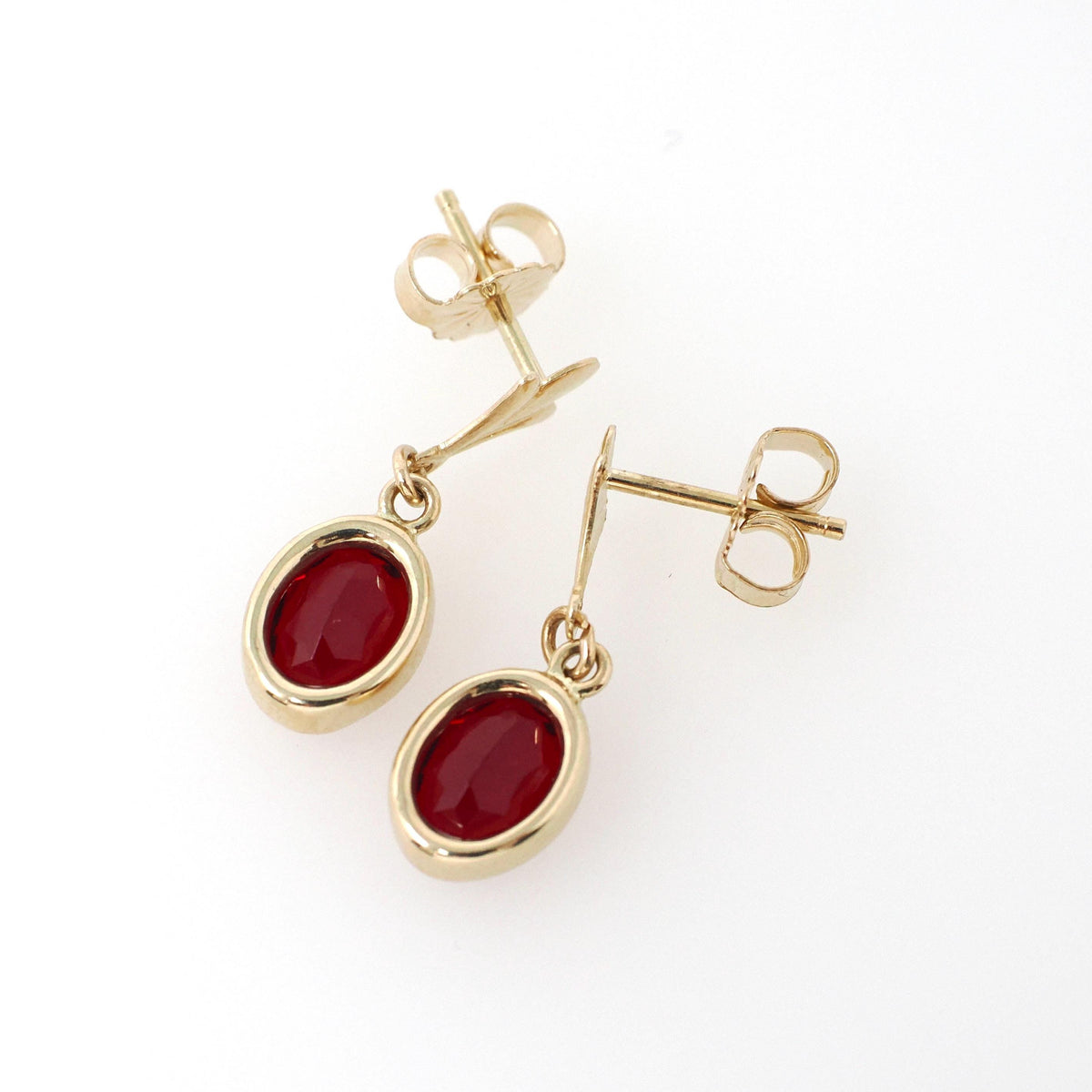 Simulated Ruby Earrings - Modernist 14k Yellow Gold Oval Red Glass Pierced Stud Dangle Drop - Circa Late 1960s July Birthstone Fine Jewelry