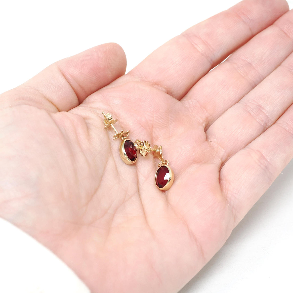 Simulated Ruby Earrings - Modernist 14k Yellow Gold Oval Red Glass Pierced Stud Dangle Drop - Circa Late 1960s July Birthstone Fine Jewelry