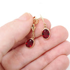 Simulated Ruby Earrings - Modernist 14k Yellow Gold Oval Red Glass Pierced Stud Dangle Drop - Circa Late 1960s July Birthstone Fine Jewelry