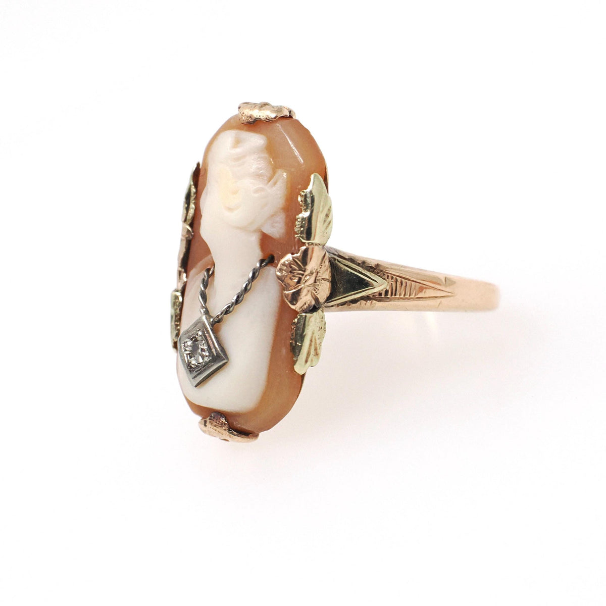 Vintage Cameo Ring - Art Deco 10k Yellow & Rose Gold Carved Shell Woman's Profile - Circa 1940s Era Size 3 3/4 Diamond Habillé Fine Jewelry