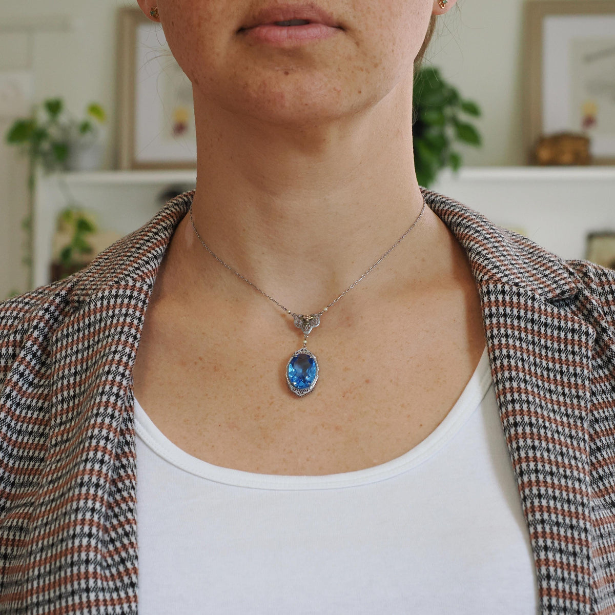 Art Deco Lavalier Necklace - Vintage 14k White Gold Simulated Blue Sapphire - Circa 1930s Era Blue Glass Tri Color Fine Fashion 30s Jewelry