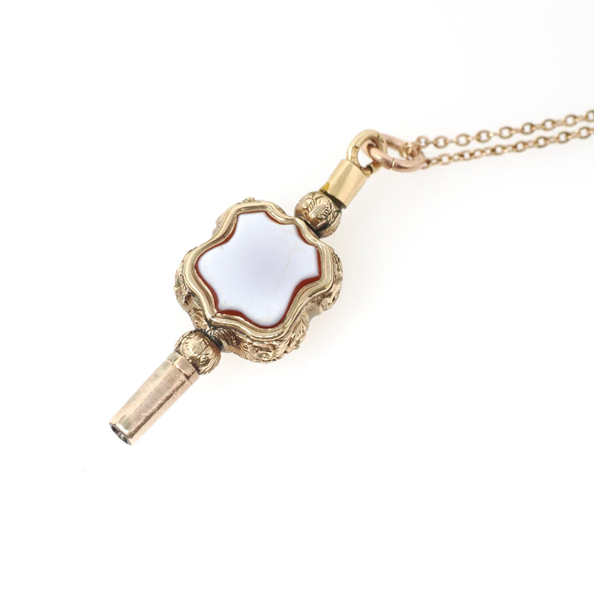 Antique Watch Key Fob - Victorian 9K Yellow Gold Sardonyx And Quartz Pendant Necklace - Circa 1890s Era Versatile Fine Statement Jewelry