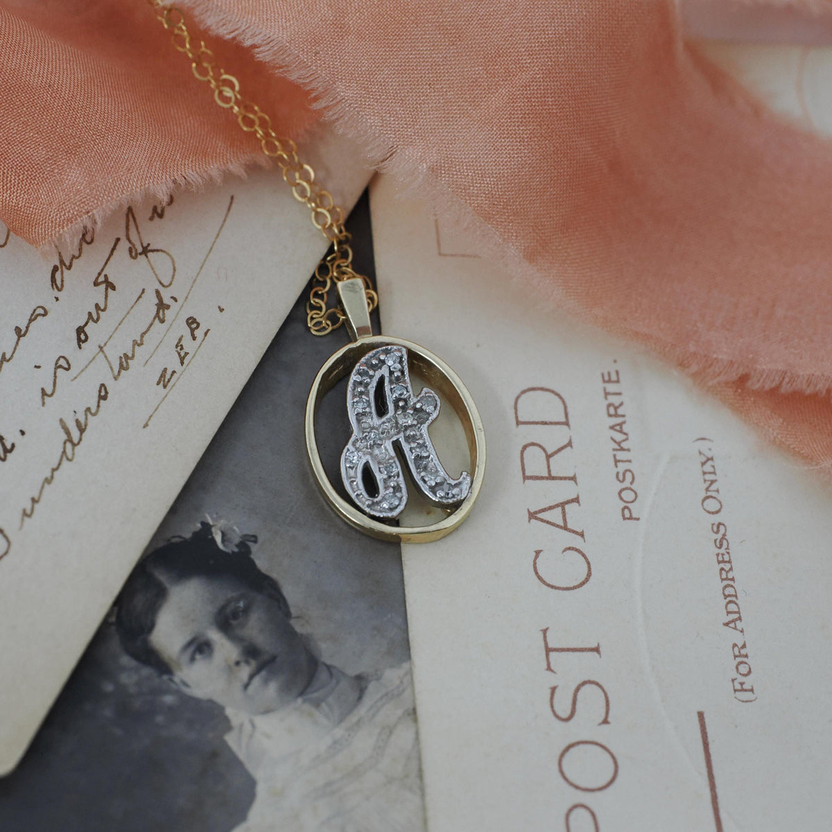 Letter "A" Necklace - Estate 14k Yellow & White Gold Initial Natural Diamonds - Contemporary Circa 2000s Personal Name Script Fine Jewelry