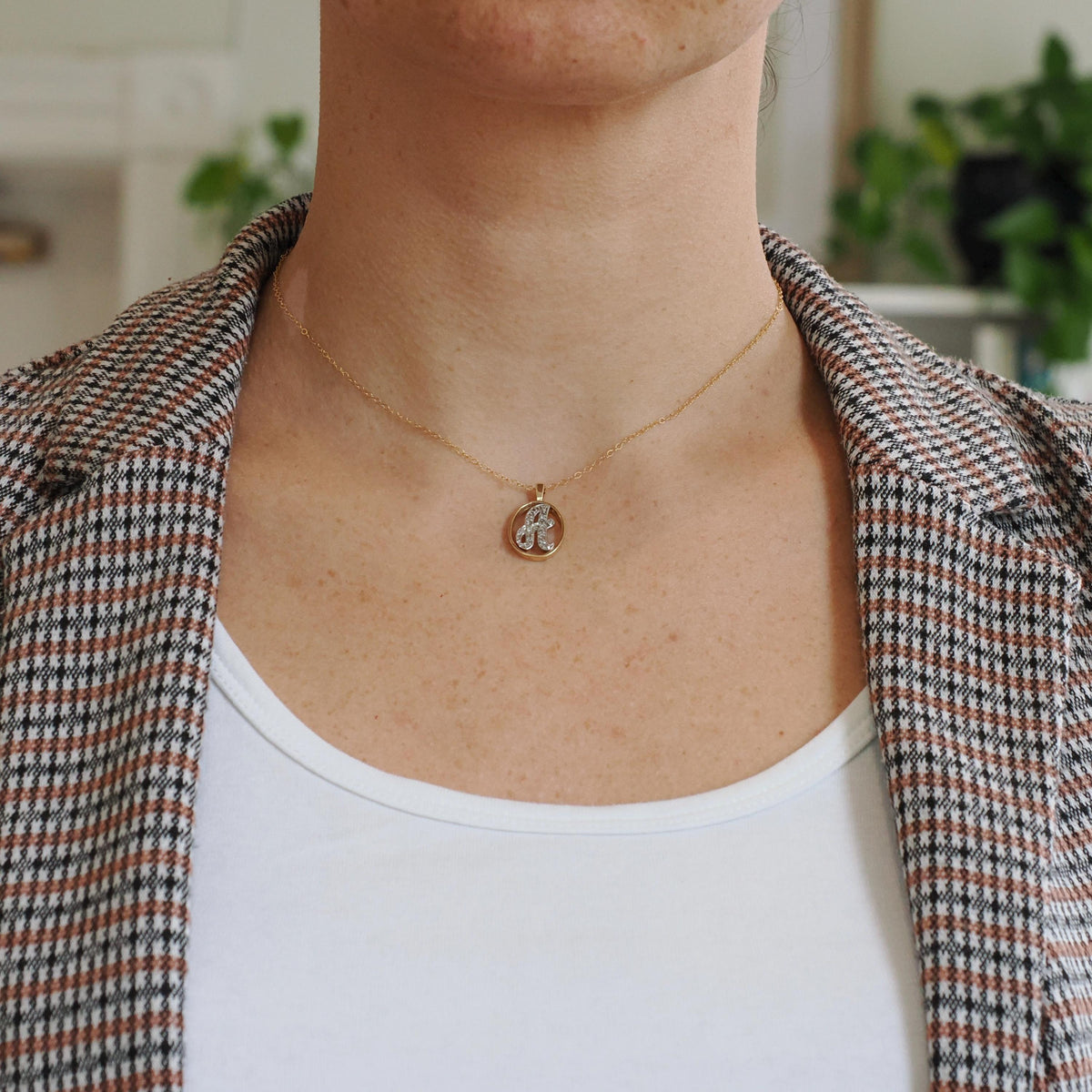 Letter "A" Necklace - Estate 14k Yellow & White Gold Initial Natural Diamonds - Contemporary Circa 2000s Personal Name Script Fine Jewelry