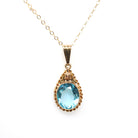Simulated Aquamarine Necklace - Retro 10k Yellow Gold Oval Faceted Blue Glass Stone Pendant - Vintage Circa 1940s Era Fine Statement Jewelry