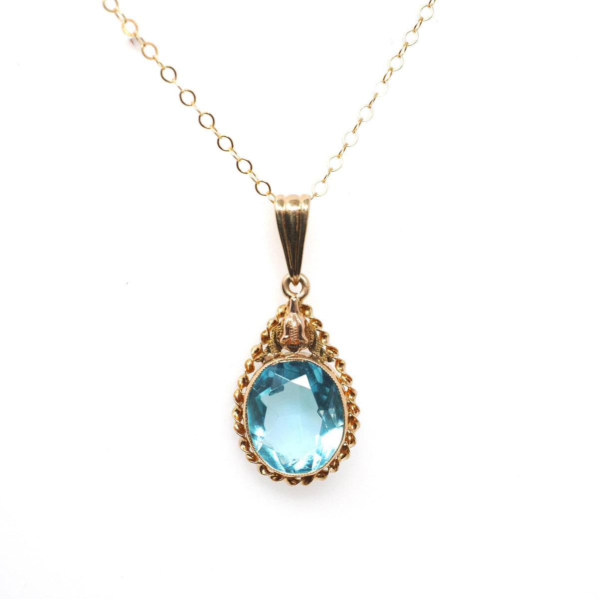 Simulated Aquamarine Necklace - Retro 10k Yellow Gold Oval Faceted Blue Glass Stone Pendant - Vintage Circa 1940s Era Fine Statement Jewelry