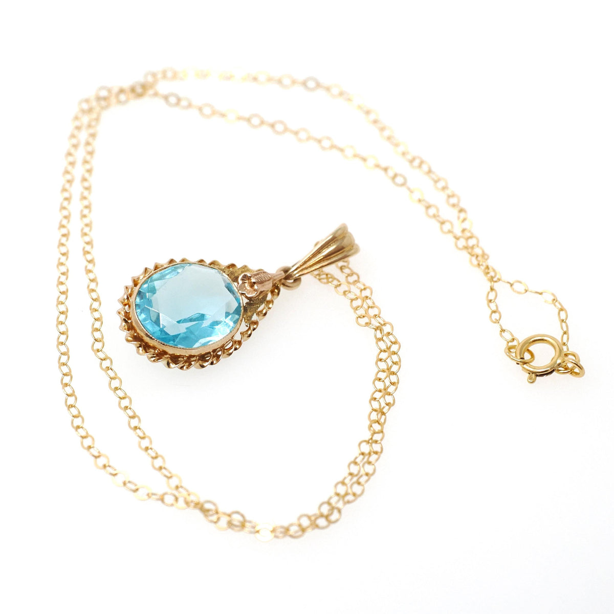 Simulated Aquamarine Necklace - Retro 10k Yellow Gold Oval Faceted Blue Glass Stone Pendant - Vintage Circa 1940s Era Fine Statement Jewelry