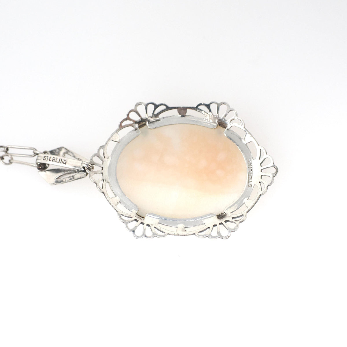 Art Deco Pendant - Vintage Sterling Silver Carved Shell Cameo Flower Necklace - Circa 1930s Era Filigree Statement Flapper 30s Jewelry