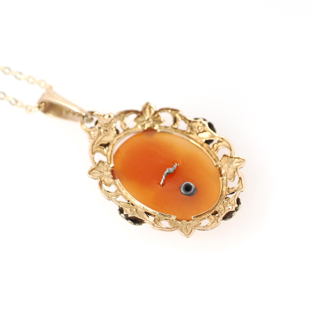 Vintage Cameo Necklace - Mid Century 10k Yellow Gold Oval Carved Shell Flower Pendant Charm - Circa 1940s Era Statement Fine 40s Jewelry