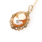 Vintage Cameo Necklace - Mid Century 10k Yellow Gold Oval Carved Shell Flower Pendant Charm - Circa 1940s Era Statement Fine 40s Jewelry