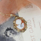 Vintage Cameo Necklace - Mid Century 10k Yellow Gold Oval Carved Shell Flower Pendant Charm - Circa 1940s Era Statement Fine 40s Jewelry