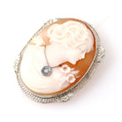 Vintage Cameo Necklace - Art Deco 14k White Gold Carved Shell Brooch Pendant - Circa 1930s Woman Flower Habillé Diamond Statement Jewelry