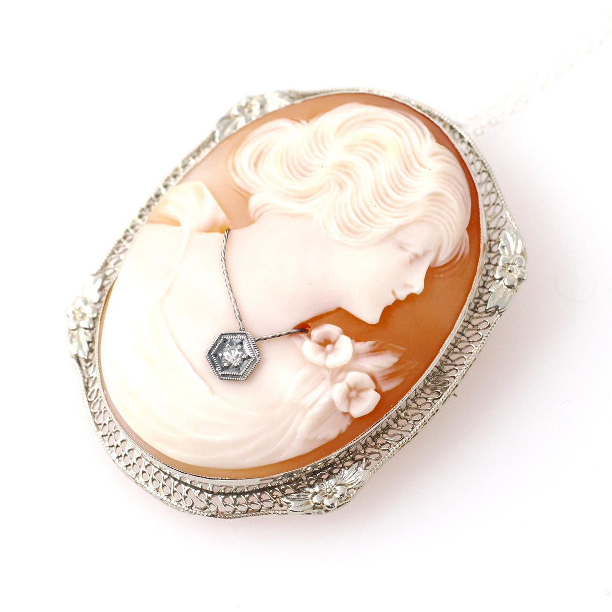 Vintage Cameo Necklace - Art Deco 14k White Gold Carved Shell Brooch Pendant - Circa 1930s Woman Flower Habillé Diamond Statement Jewelry