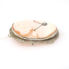Vintage Cameo Necklace - Art Deco 14k White Gold Carved Shell Brooch Pendant - Circa 1930s Woman Flower Habillé Diamond Statement Jewelry