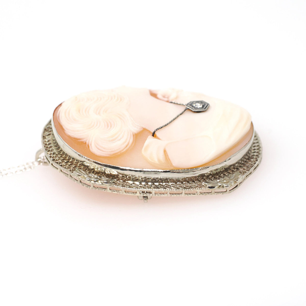 Vintage Cameo Necklace - Art Deco 14k White Gold Carved Shell Brooch Pendant - Circa 1930s Woman Flower Habillé Diamond Statement Jewelry
