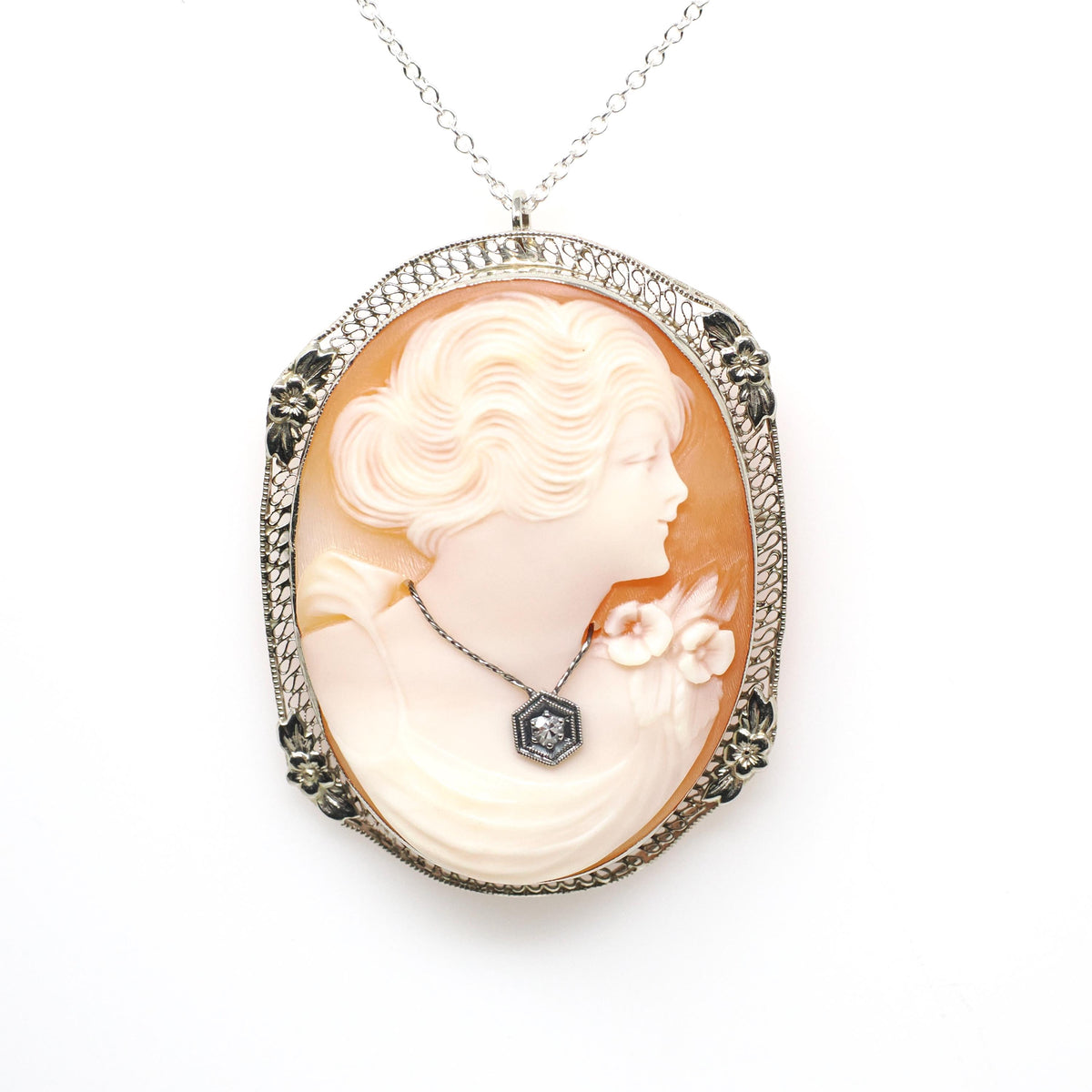 Vintage Cameo Necklace - Art Deco 14k White Gold Carved Shell Brooch Pendant - Circa 1930s Woman Flower Habillé Diamond Statement Jewelry