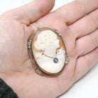 Vintage Cameo Necklace - Art Deco 14k White Gold Carved Shell Brooch Pendant - Circa 1930s Woman Flower Habillé Diamond Statement Jewelry