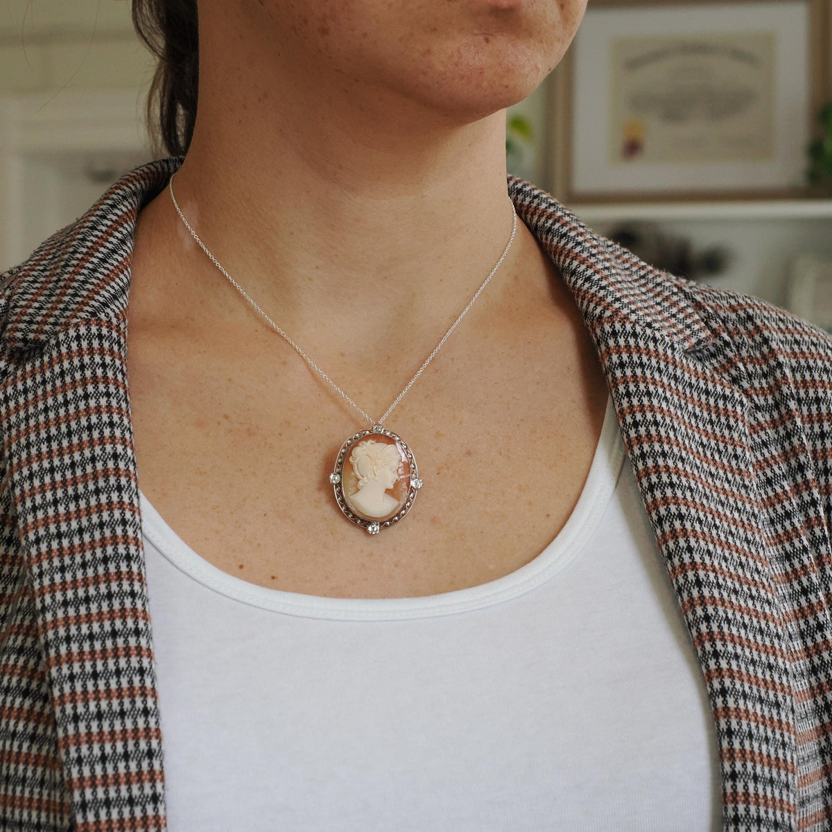Cameo Brooch Necklace - Art Deco Sterling Silver Carved Shell Pendant Pin - Vintage Circa 1930s Era Statement Fashion Accessory 30s Jewelry