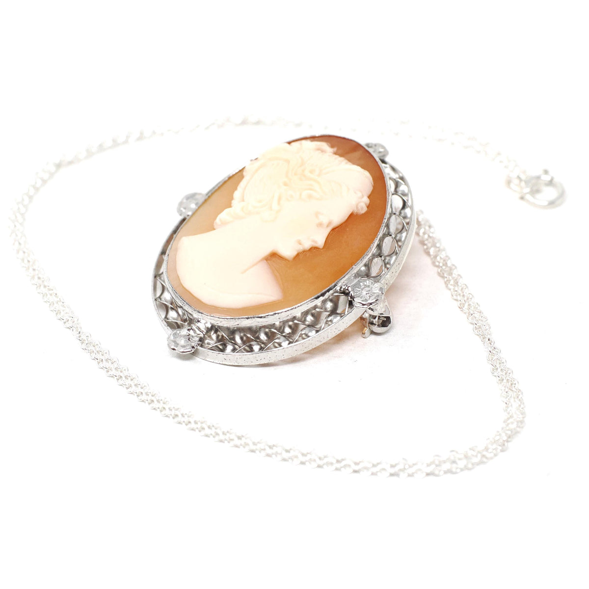 Cameo Brooch Necklace - Art Deco Sterling Silver Carved Shell Pendant Pin - Vintage Circa 1930s Era Statement Fashion Accessory 30s Jewelry