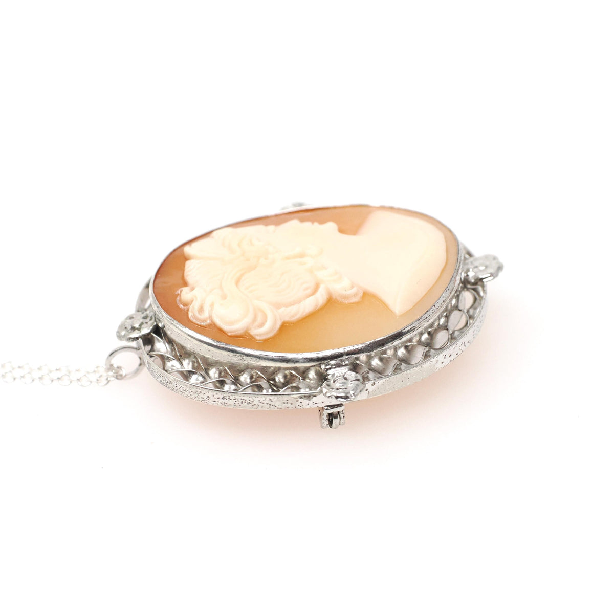 Cameo Brooch Necklace - Art Deco Sterling Silver Carved Shell Pendant Pin - Vintage Circa 1930s Era Statement Fashion Accessory 30s Jewelry